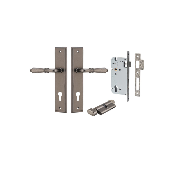 Sarlat Lever - Stepped Backplate Entrance Kit with High Security Lock Distressed Nickel