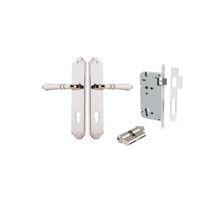 Sarlat Lever - Shouldered Backplate Entrance Kit with High Security Lock Polished Nickel