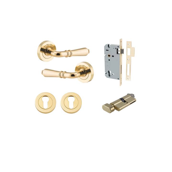 Sarlat Lever - Round Rose Entrance Kit with Separate High Security Lock Polished Brass