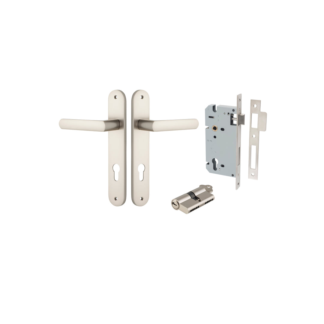 Osaka Lever - Oval Backplate Entrance Kit with High Security Lock Satin Nickel