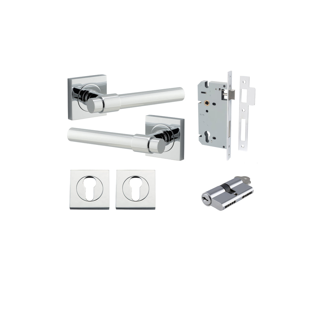 Helsinki Lever - Square Rose Entrance Kit with Separate High Security Lock Polished Chrome