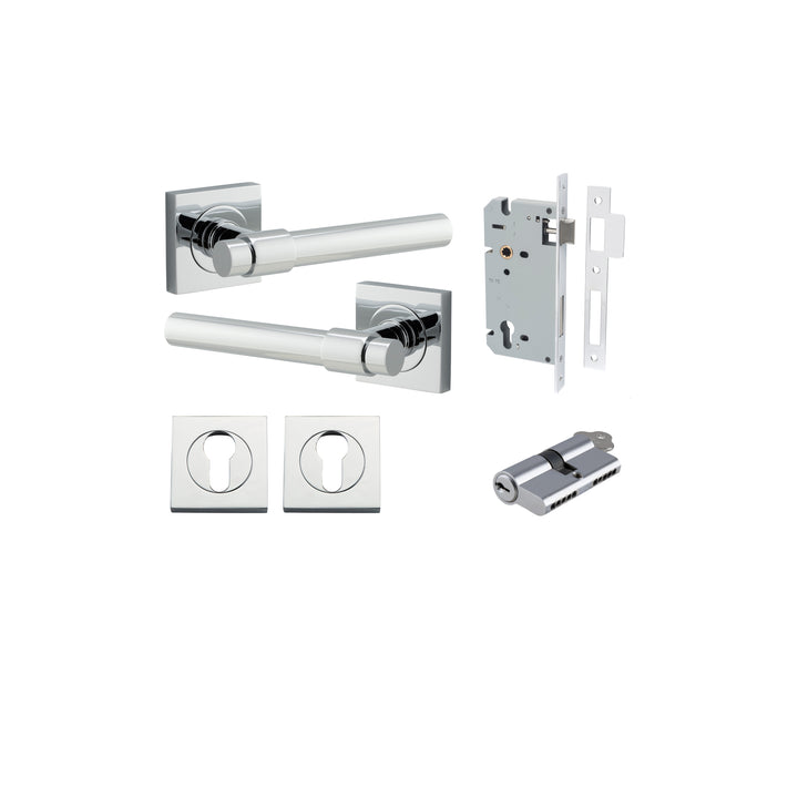 Helsinki Lever - Square Rose Entrance Kit with Separate High Security Lock Polished Chrome