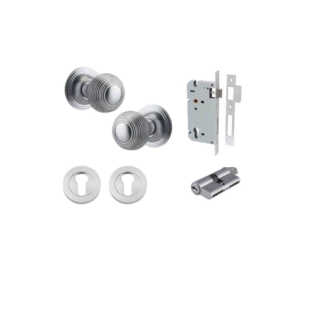 Guildford Knob - Round Rose Entrance Kit with Separate High Security Lock Brushed Chrome