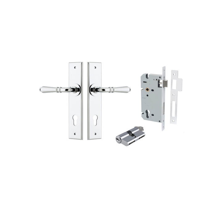 Sarlat Lever - Chamfered Backplate Entrance Kit with High Security Lock Polished Chrome
