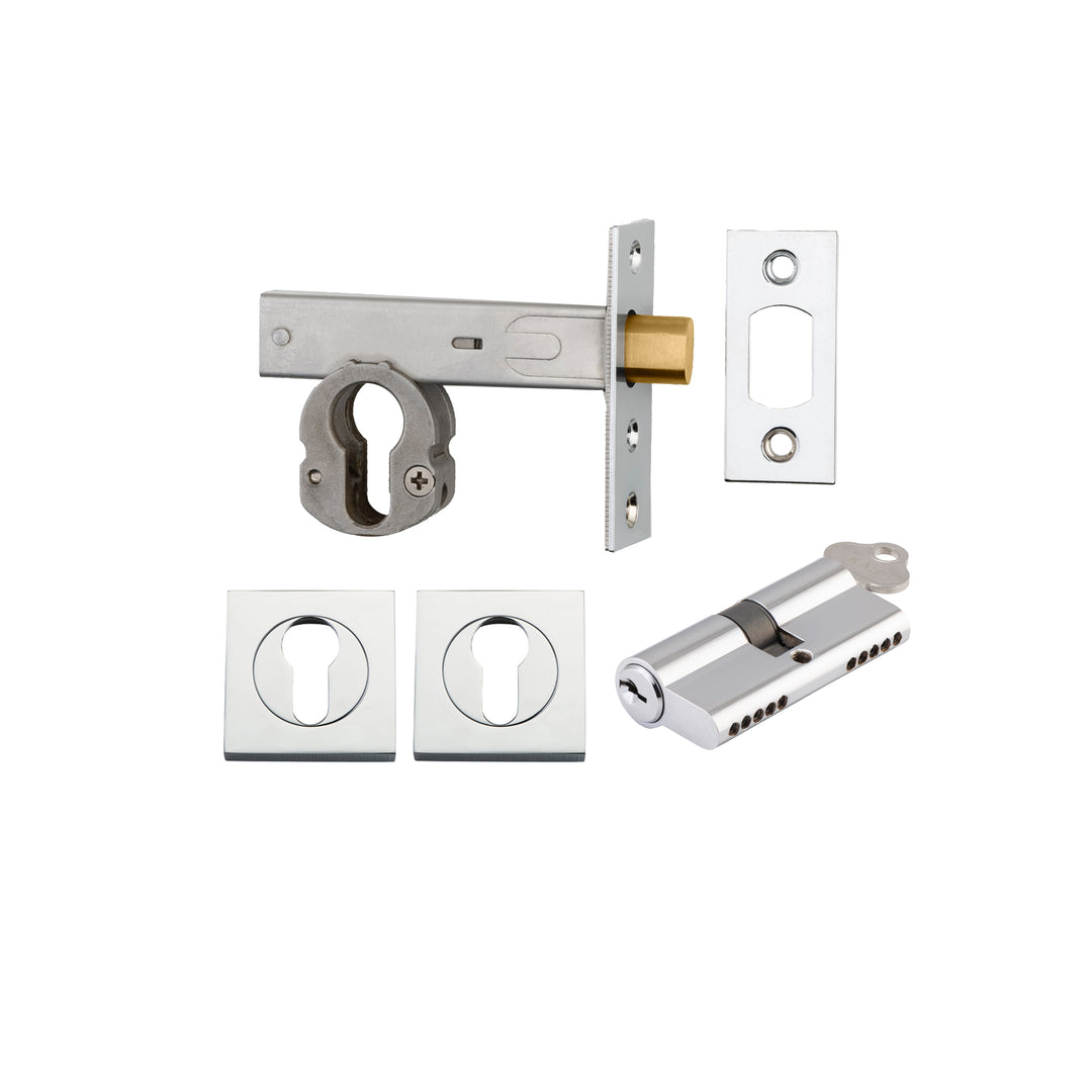Euro Mortice Deadbolt Kit - 60mm Backset with Square Euro Escutcheon Key/Key Polished Chrome