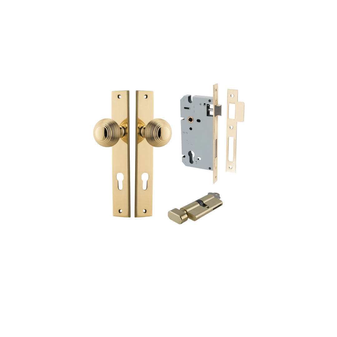 Guildford Knob - Rectangular Backplate Entrance Kit with High Security Lock Polished Brass