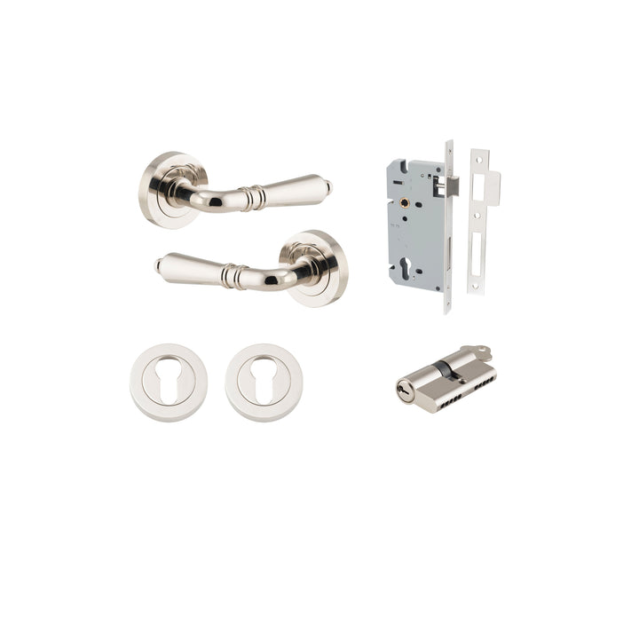 Sarlat Lever - Round Rose Entrance Kit with Separate High Security Lock Polished Nickel