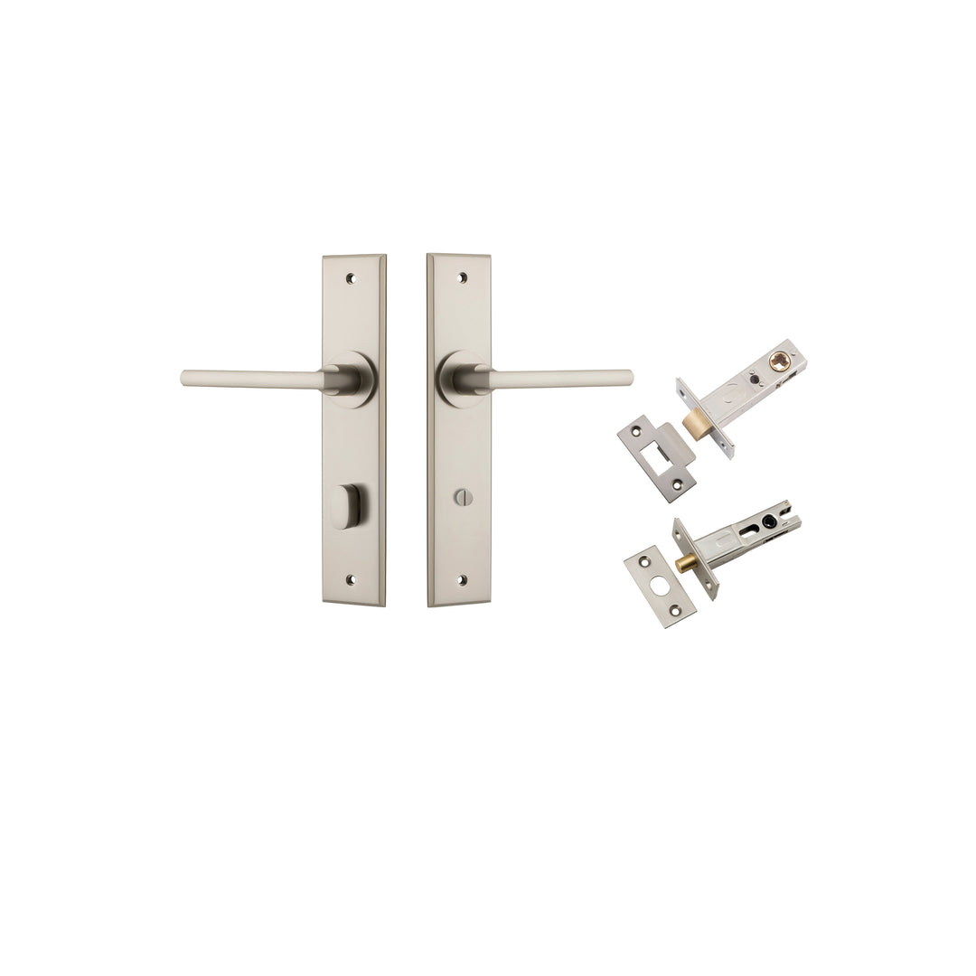 Baltimore Lever - Chamfered Backplate Privacy Kit with Privacy Turn Satin Nickel