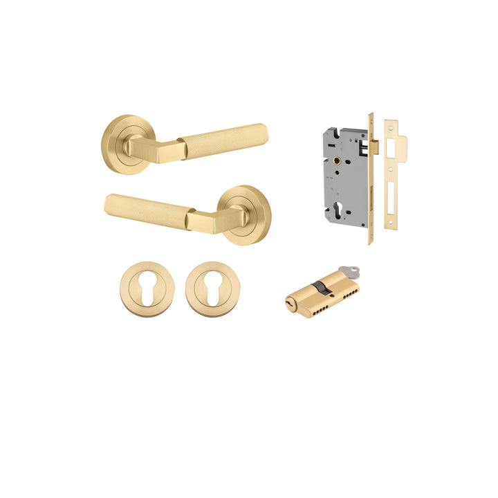 Brunswick Lever - Round Rose Entrance Kit with High Security Lock Brushed Gold PVD
