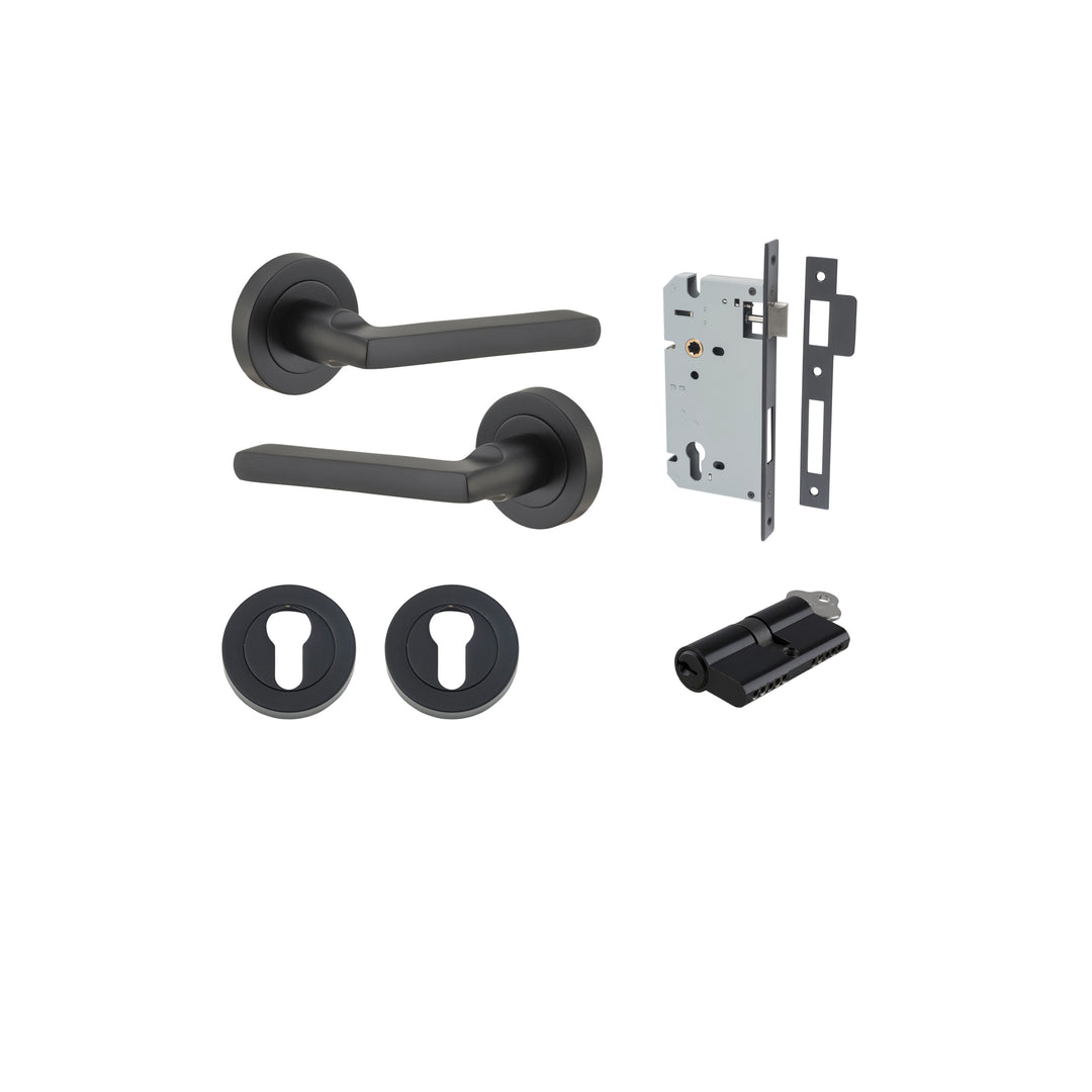 Baltimore Lever - Round Rose Entrance Kit with Separate High Security Lock Matt Black