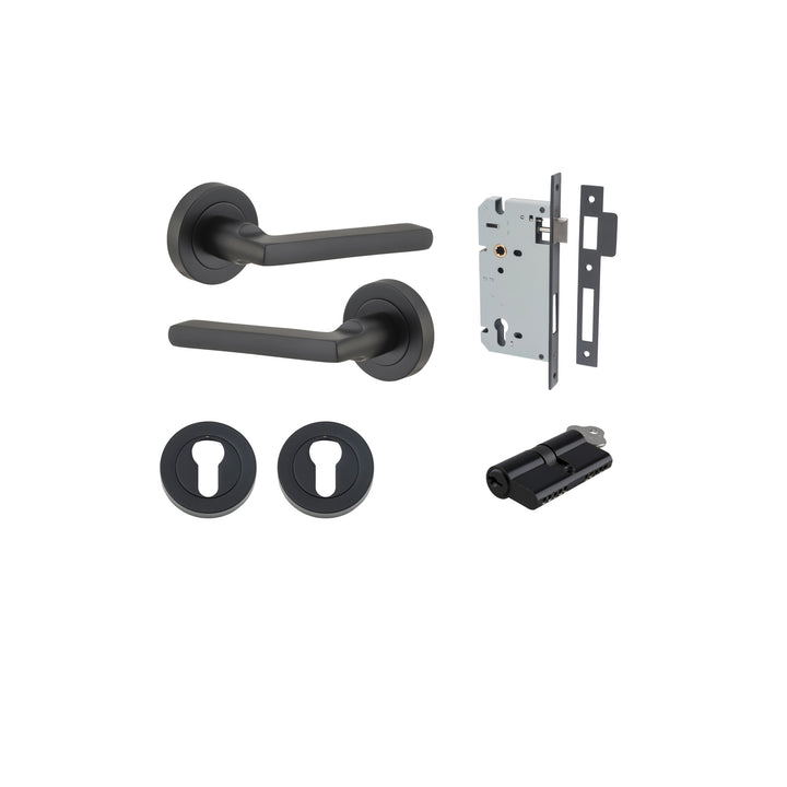 Baltimore Lever - Round Rose Entrance Kit with Separate High Security Lock Matt Black
