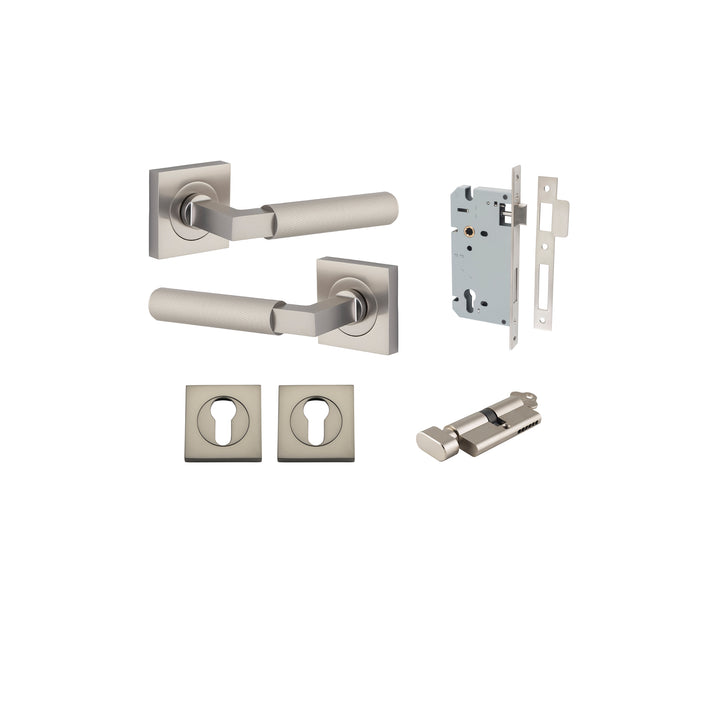 Brunswick Lever - Square Rose Entrance Kit with High Security Lock Satin Nickel