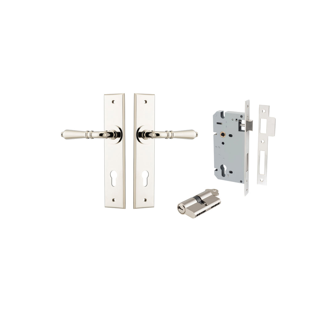 Sarlat Lever - Chamfered Backplate Entrance Kit with High Security Lock Polished Nickel