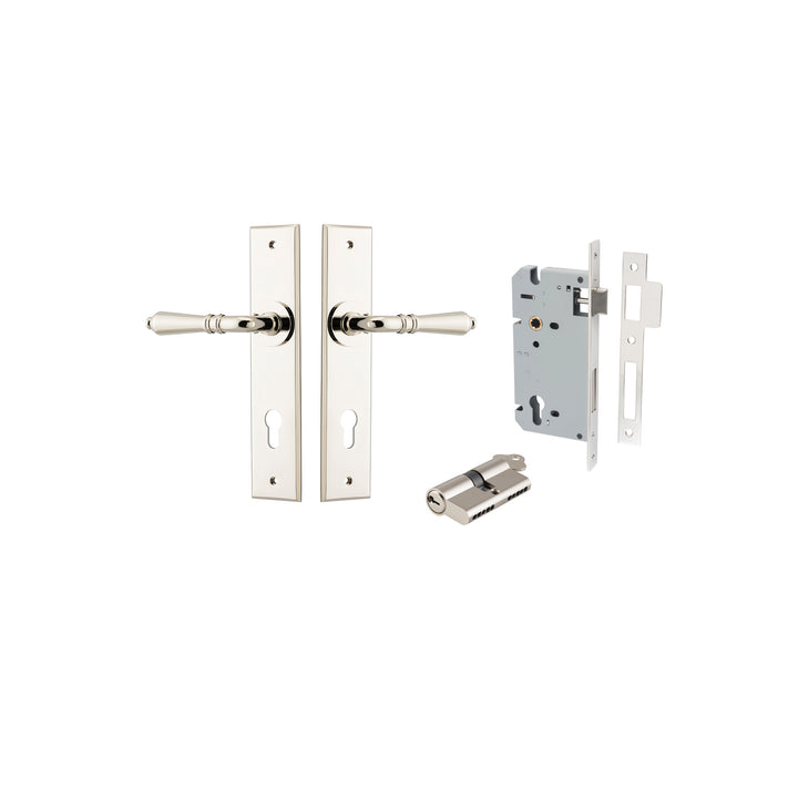 Sarlat Lever - Chamfered Backplate Entrance Kit with High Security Lock Polished Nickel