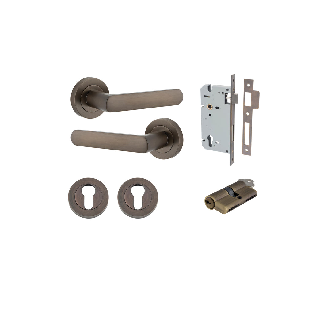 Osaka Lever - Round Rose Entrance Kit with Separate High Security Lock Signature Brass