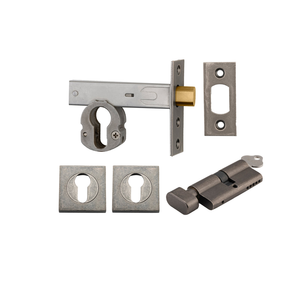 Euro Mortice Deadbolt Kit - 60mm Backset with Square Euro Escutcheon Key/Thumb Distressed Nickel