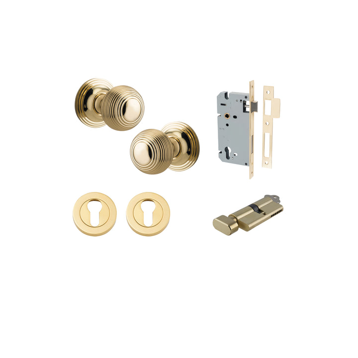 Guildford Knob - Round Rose Entrance Kit with Separate High Security Lock Polished Brass