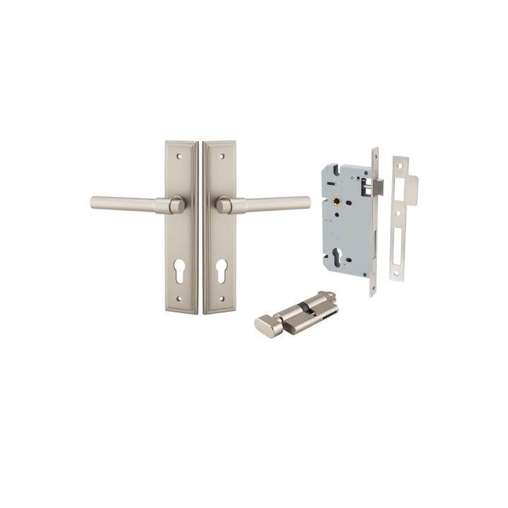 Helsinki Lever - Stepped Backplate Entrance Kit with High Security Lock Satin Nickel
