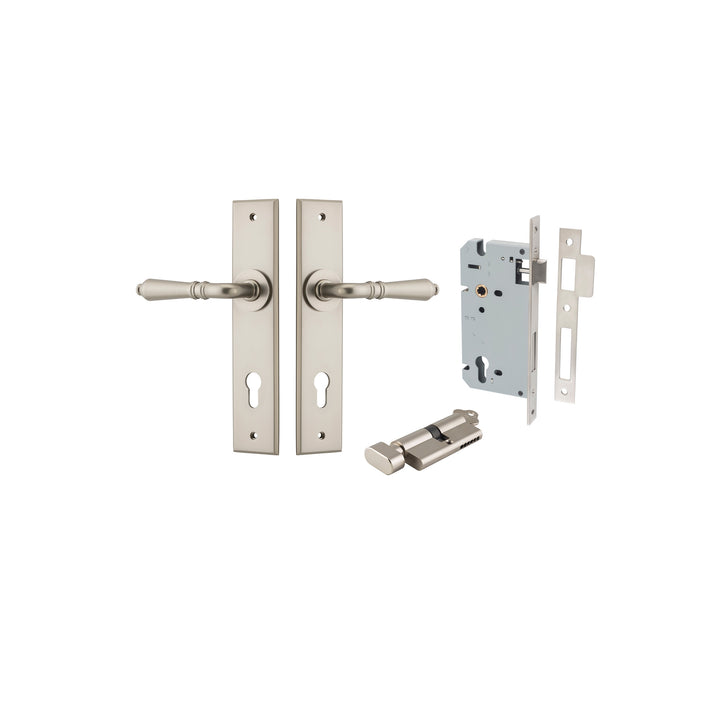 Sarlat Lever - Chamfered Backplate Entrance Kit with High Security Lock Satin Nickel