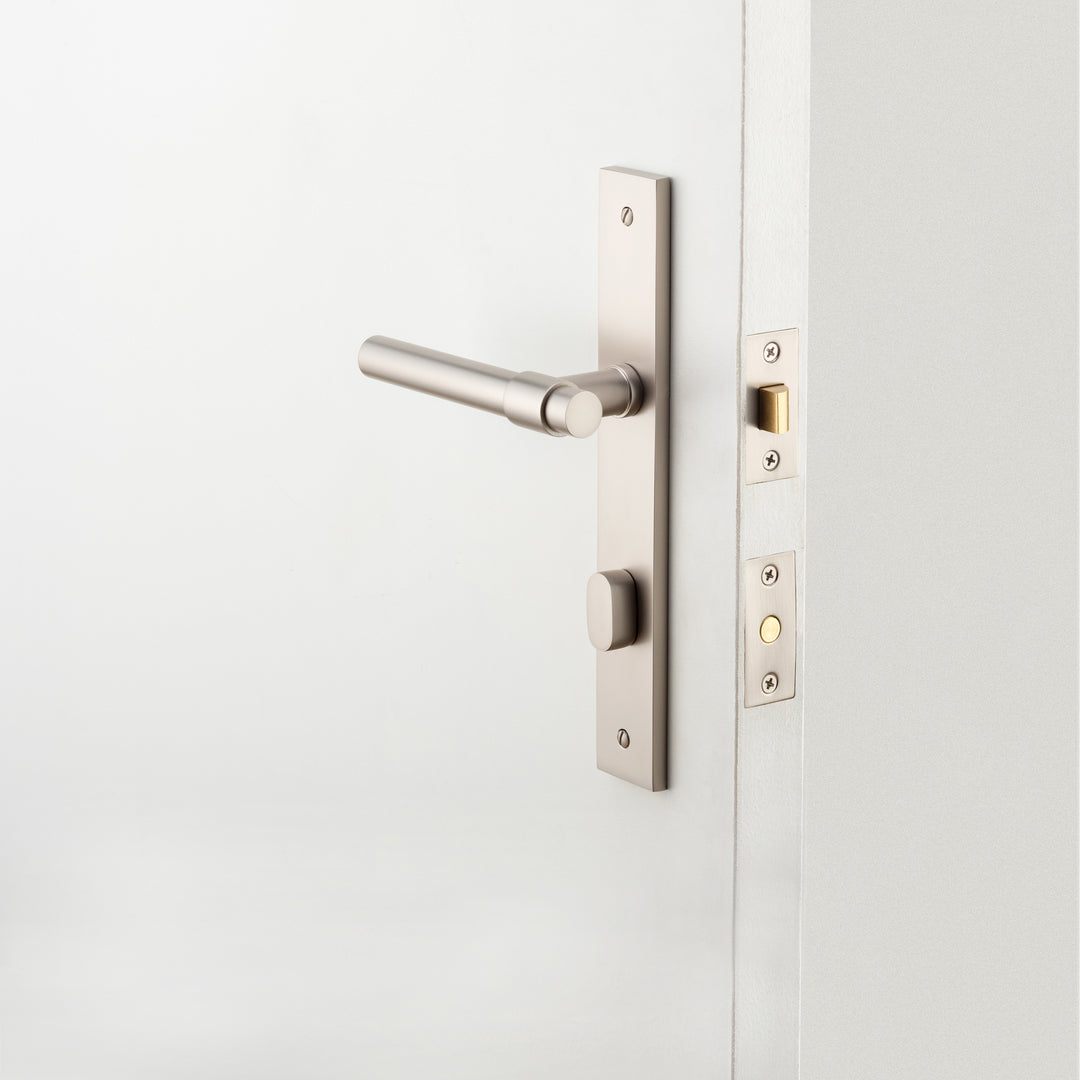 Helsinki Lever - Rectangular Backplate Privacy Kit with Privacy Turn Satin Nickel