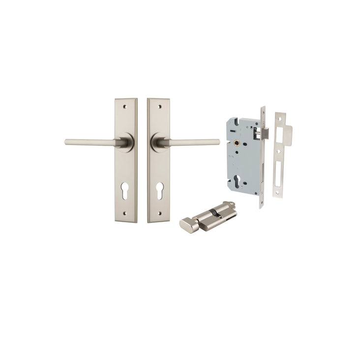 Baltimore Lever - Chamfered Backplate Entrance Kit with High Security Lock Satin Nickel