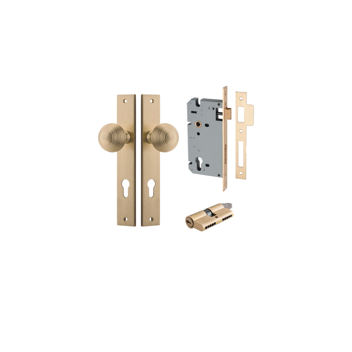 Guildford Knob - Rectangular Backplate Entrance Kit with High Security Lock Brushed Brass