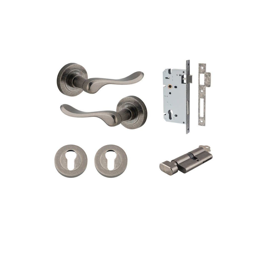 Stirling Lever - Round Rose Entrance Kit with Separate High Security Lock Distressed Nickel