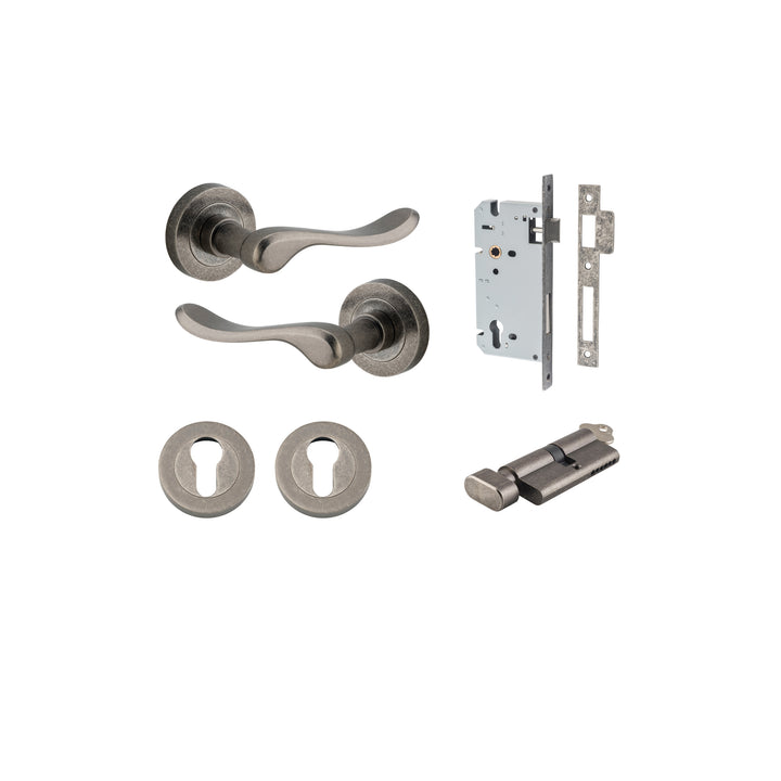 Stirling Lever - Round Rose Entrance Kit with Separate High Security Lock Distressed Nickel