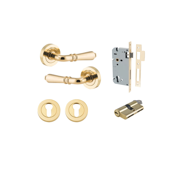 Sarlat Lever - Round Rose Entrance Kit with Separate High Security Lock Polished Brass