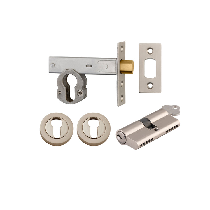 Euro Mortice Deadbolt Kit - 60mm Backset with Round Euro Escutcheon Key/Key Satin Nickel