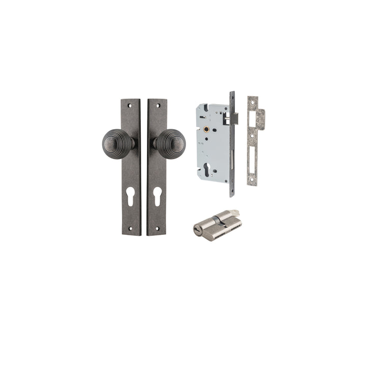 Guildford Knob - Rectangular Backplate Entrance Kit with High Security Lock Distressed Nickel
