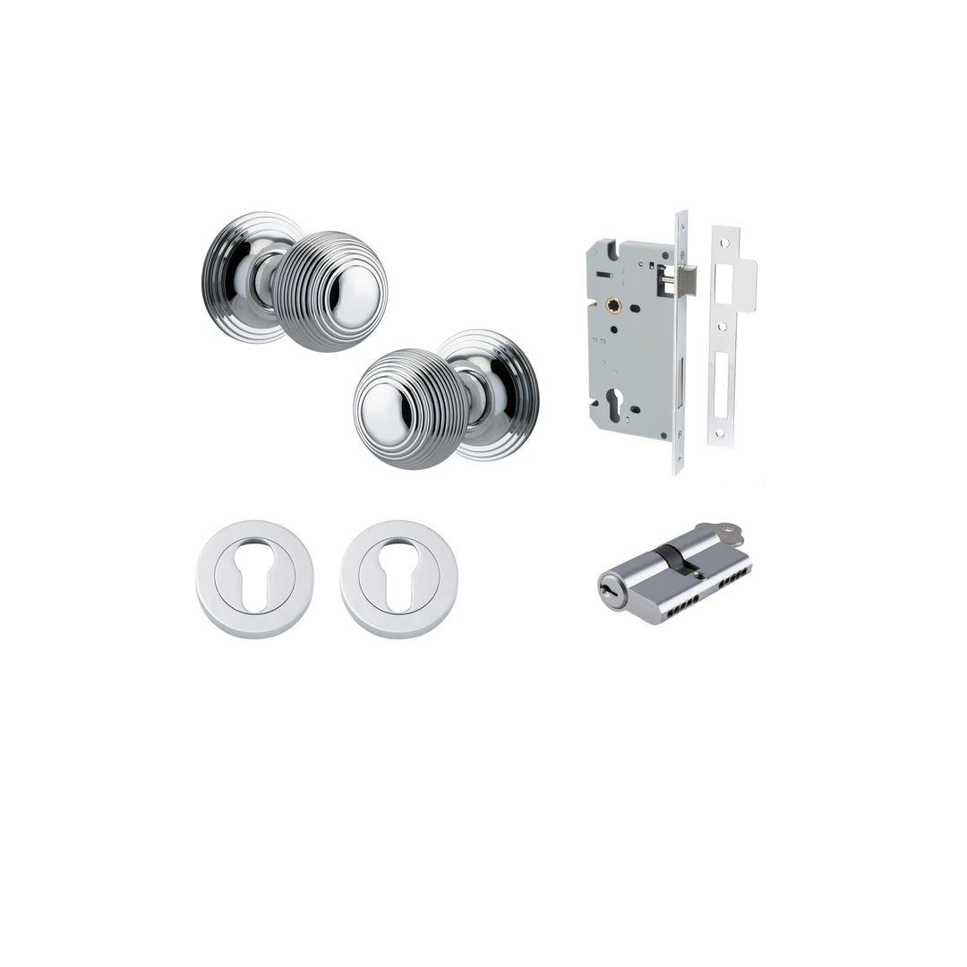 Guildford Knob - Round Rose Entrance Kit with Separate High Security Lock Polished Chrome