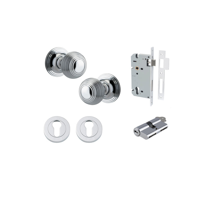 Guildford Knob - Round Rose Entrance Kit with Separate High Security Lock Polished Chrome