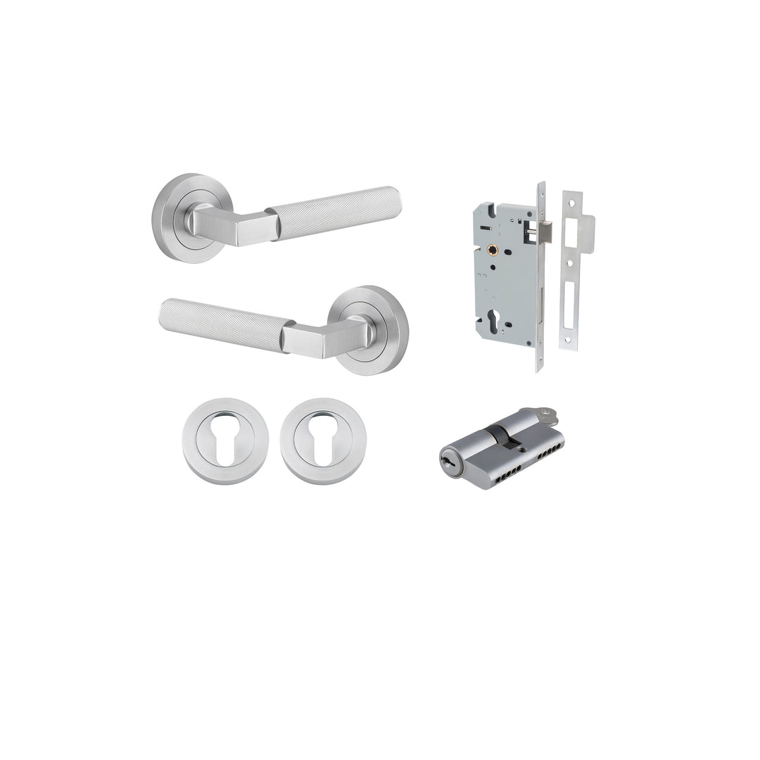 Brunswick Lever - Round Rose Entrance Kit with High Security Lock Brushed Chrome
