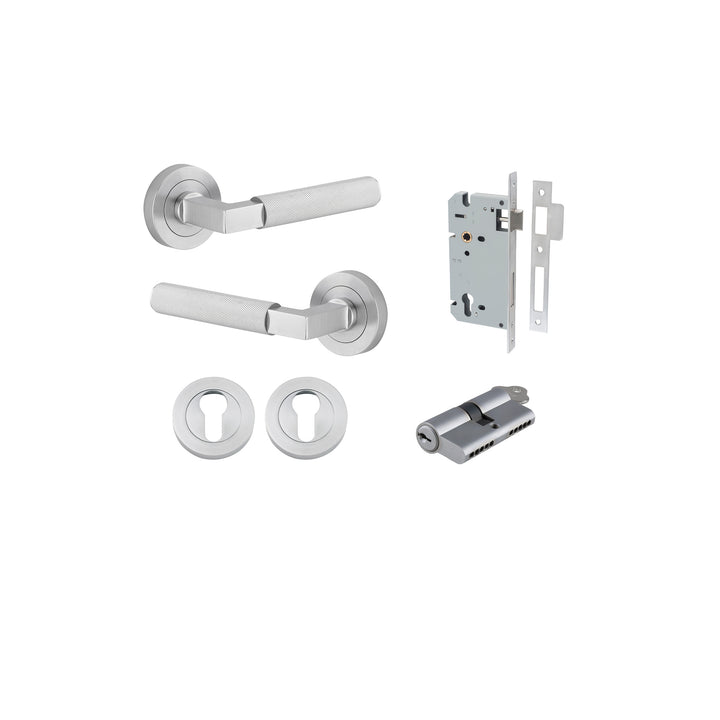Brunswick Lever - Round Rose Entrance Kit with High Security Lock Brushed Chrome