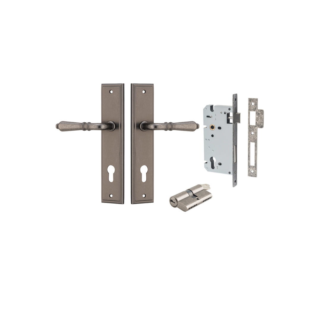 Sarlat Lever - Stepped Backplate Entrance Kit with High Security Lock Distressed Nickel