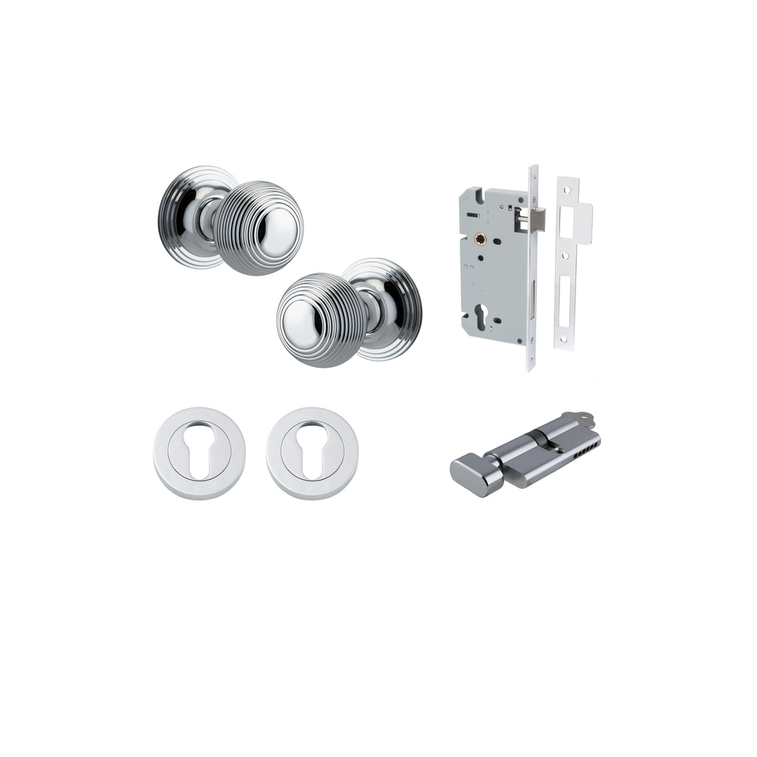 Guildford Knob - Round Rose Entrance Kit with Separate High Security Lock Polished Chrome