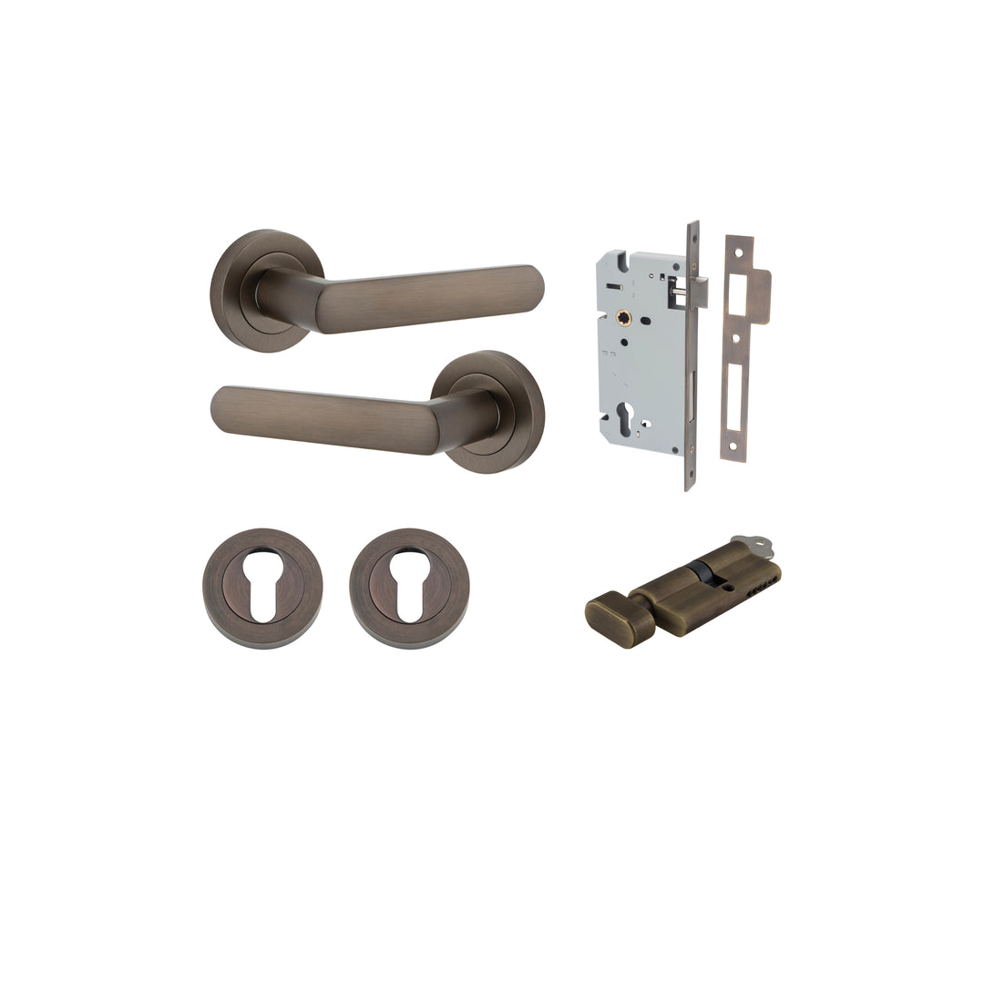 Osaka Lever - Round Rose Entrance Kit with Separate High Security Lock Signature Brass