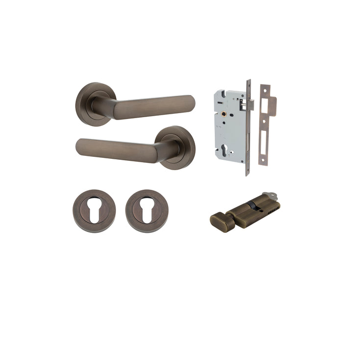 Osaka Lever - Round Rose Entrance Kit with Separate High Security Lock Signature Brass