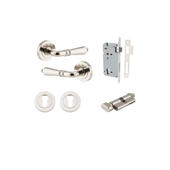 Sarlat Lever - Round Rose Entrance Kit with Separate High Security Lock Polished Nickel