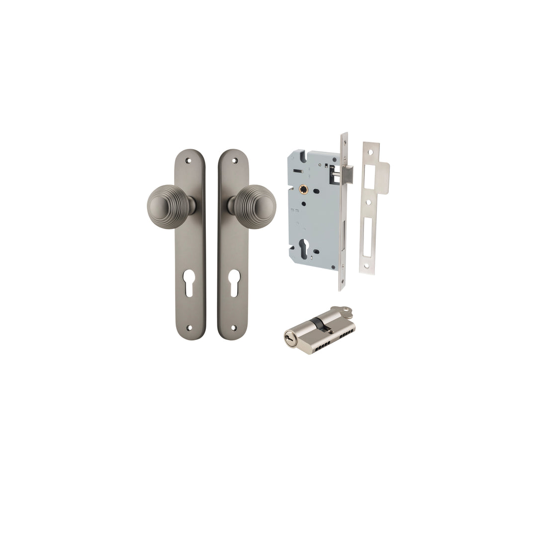 Guildford Knob - Oval Backplate Entrance Kit with High Security Lock Satin Nickel
