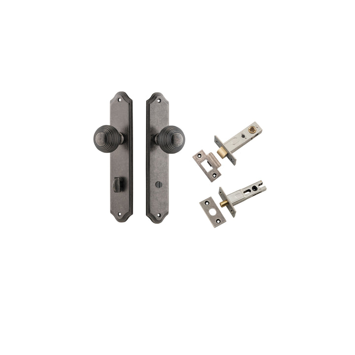 Guildford Knob - Shouldered Backplate Privacy Kit with Privacy Turn Distressed Nickel