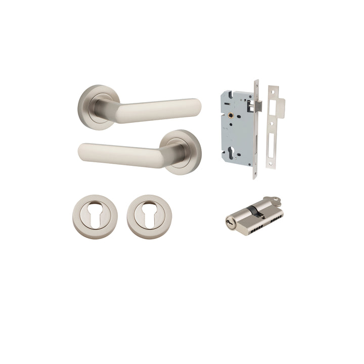 Osaka Lever - Round Rose Entrance Kit with Separate High Security Lock Satin Nickel