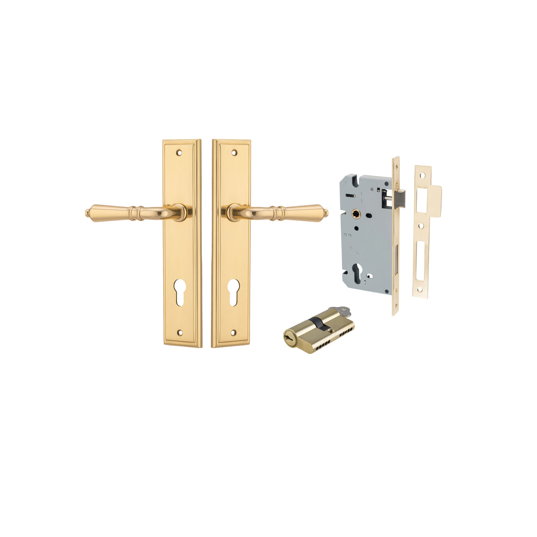 Sarlat Lever - Stepped Backplate Entrance Kit with High Security Lock Polished Brass