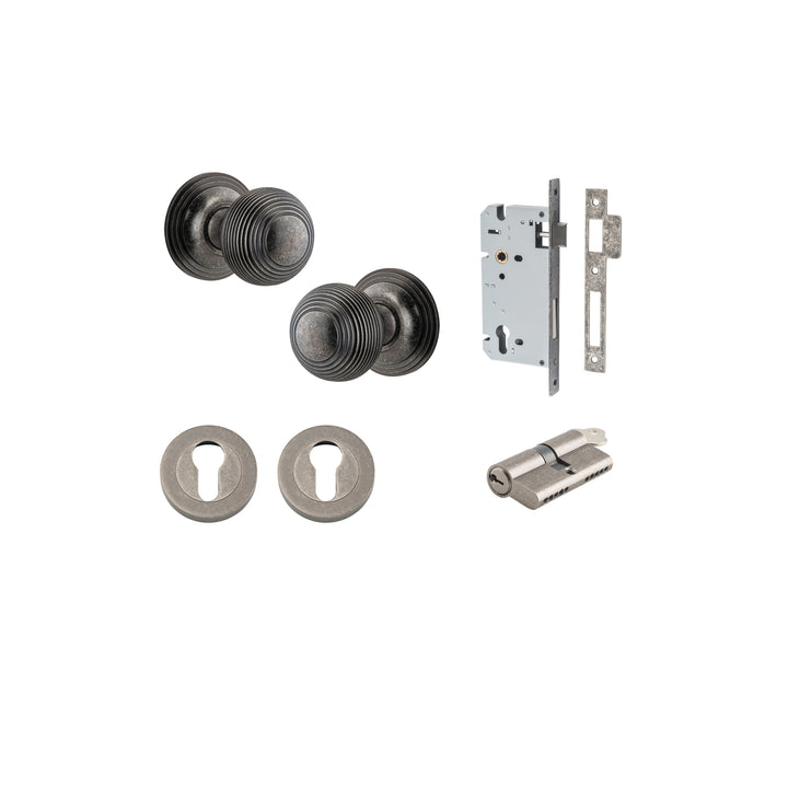 Guildford Knob - Round Rose Entrance Kit with Separate High Security Lock Distressed Nickel