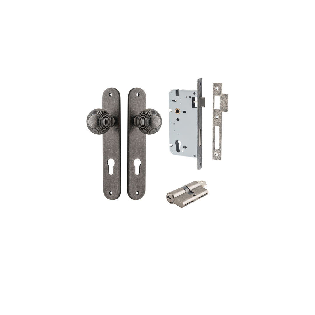 Guildford Knob - Oval Backplate Entrance Kit with High Security Lock Distressed Nickel
