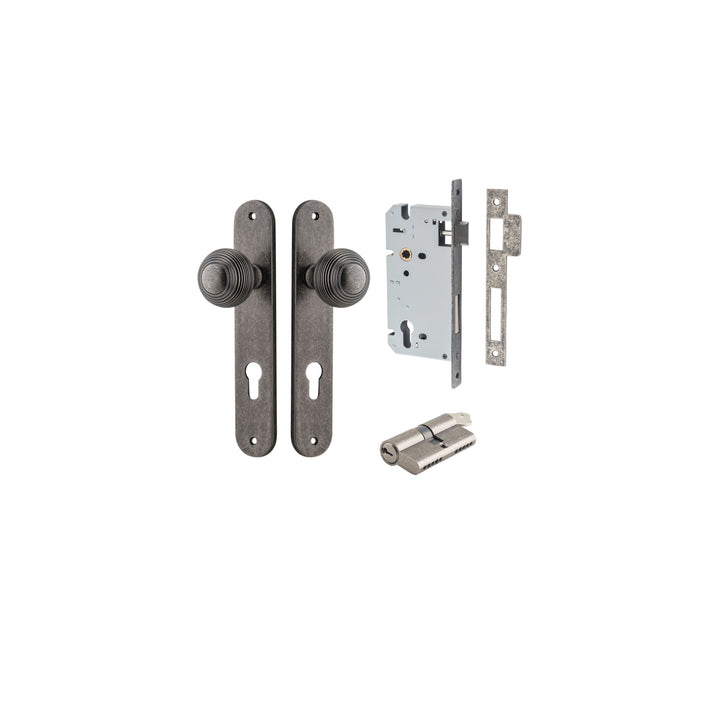 Guildford Knob - Oval Backplate Entrance Kit with High Security Lock Distressed Nickel