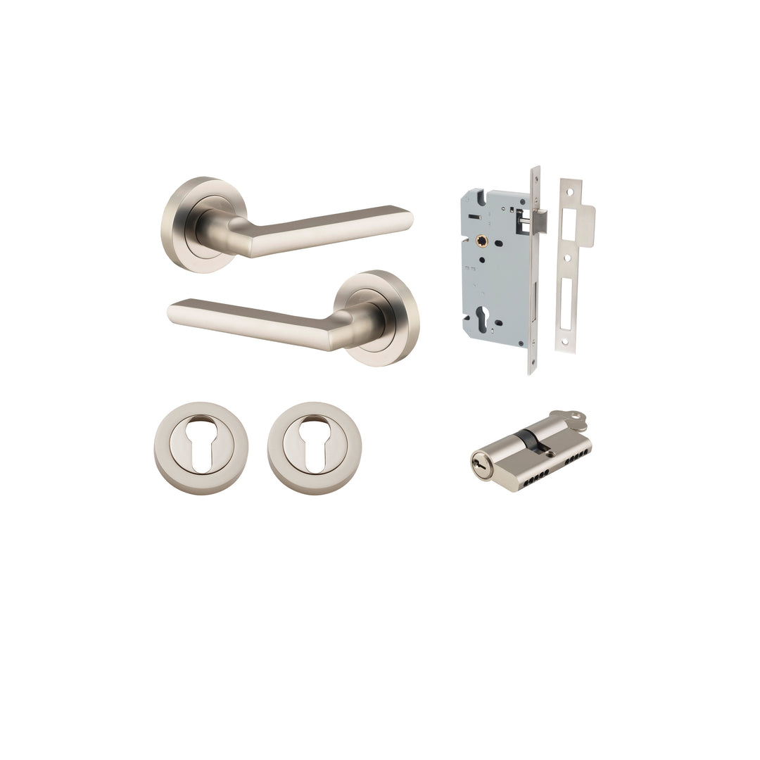 Baltimore Lever - Round Rose Entrance Kit with Separate High Security Lock Satin Nickel