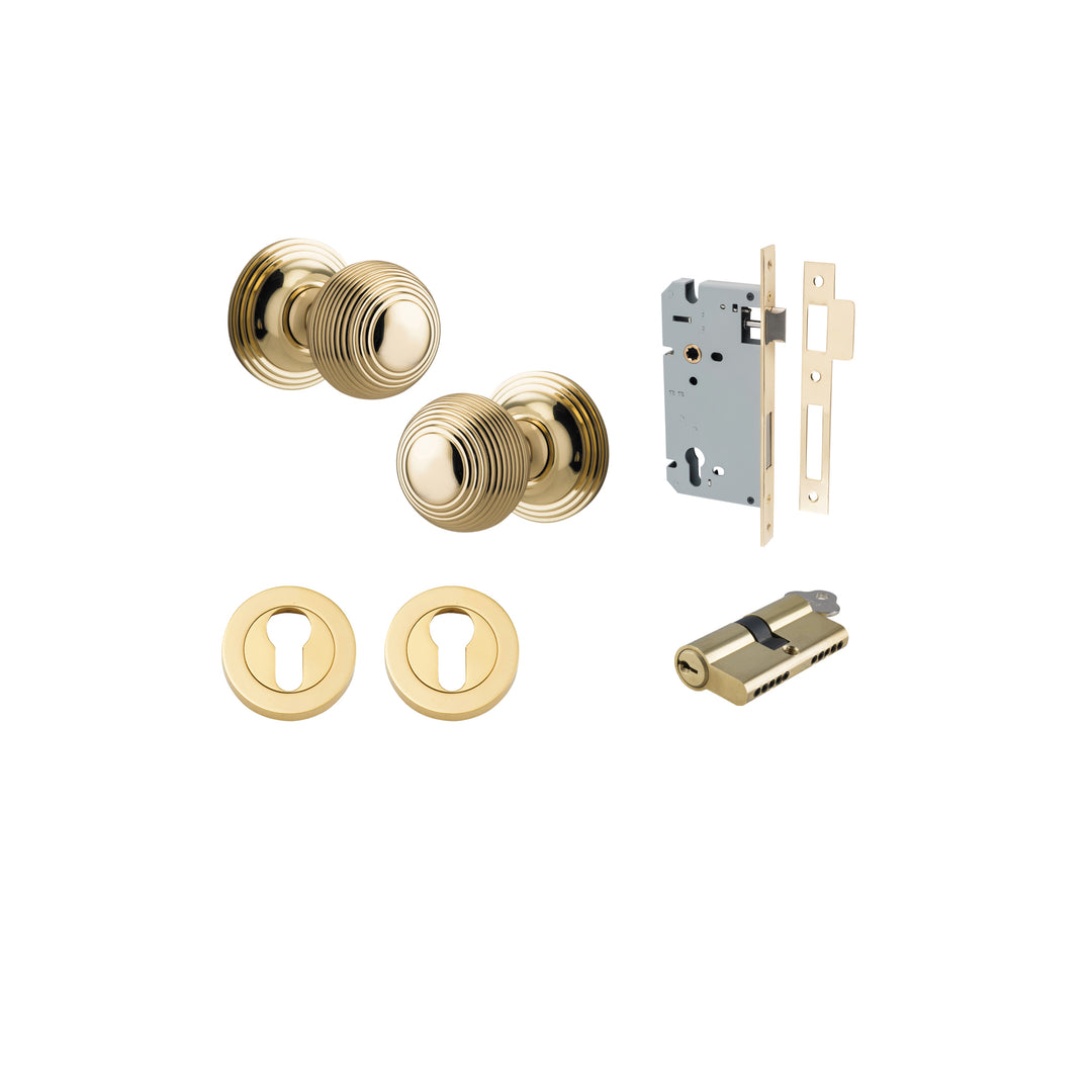 Guildford Knob - Round Rose Entrance Kit with Separate High Security Lock Polished Brass