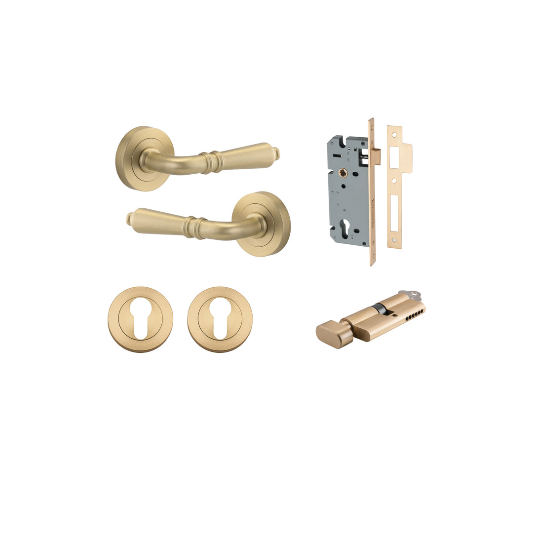 Sarlat Lever - Round Rose Entrance Kit with Separate High Security Lock Brushed Brass